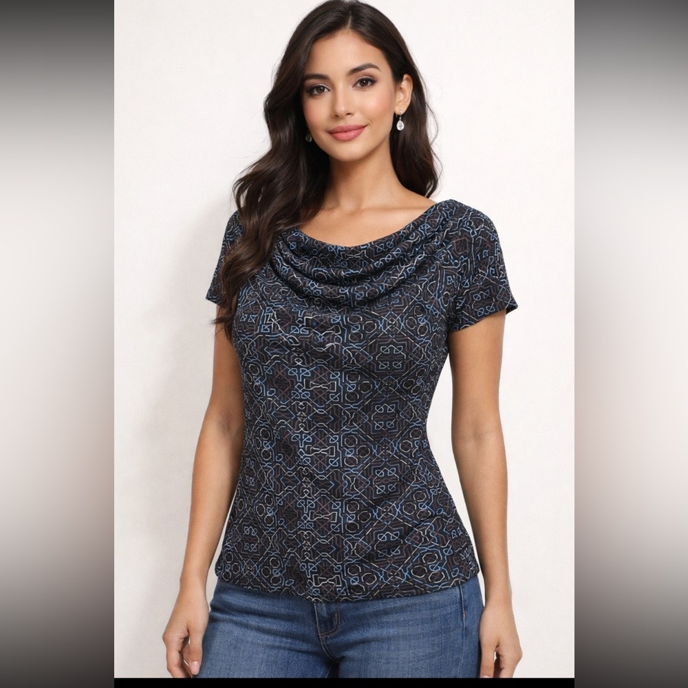A Line Black Geometric Cowl Neck Blouse — Size S